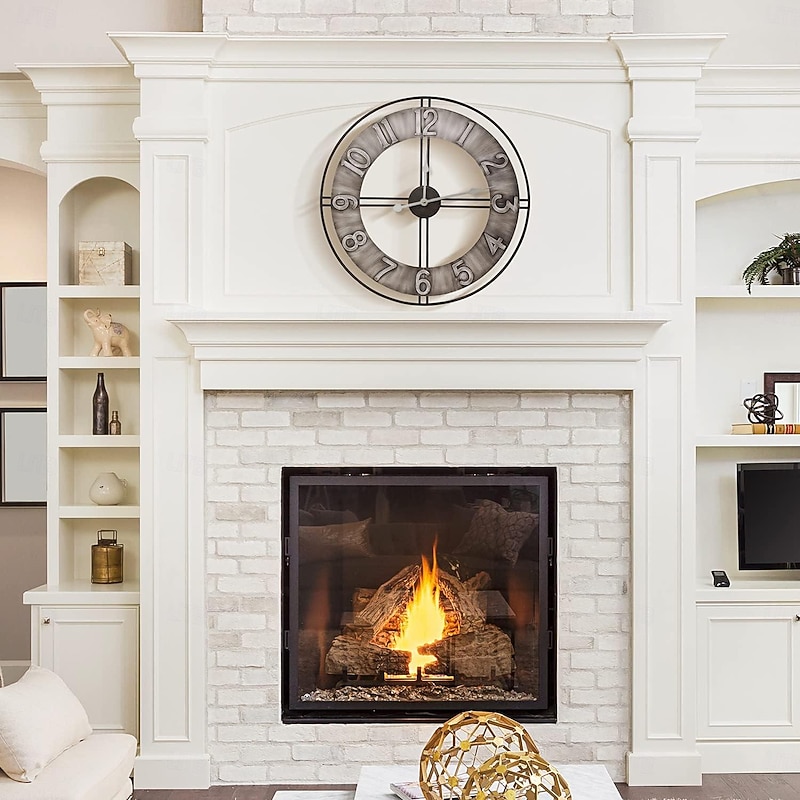 Wall Clock Becka Gray Silver 60CM Wall Clock Modern Silent Clockwork Industrial Wall Clock Round Wall Clock Metal Industrial Iron Vintage French Provincial Antique2