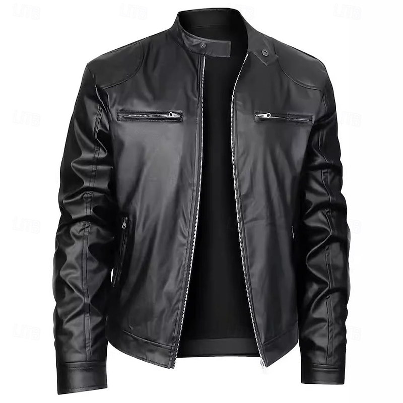 Male Faux Leather Jacket Transition Jacket Biker Jacket Casual Daily Travel Pocket All Seasons Solid / Plain Color Leisure Sweet Standing Collar Regular Black Royal Blue Brown Khaki Jacket3