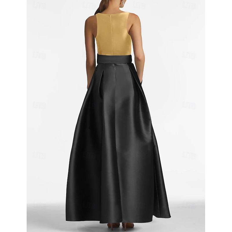 A-Line Evening Gown High Split Dress Beach Wedding Formal Wedding Guest Floor Length Sleeveless Jewel Neck Belt / Sash Satin with Pleats Slit3