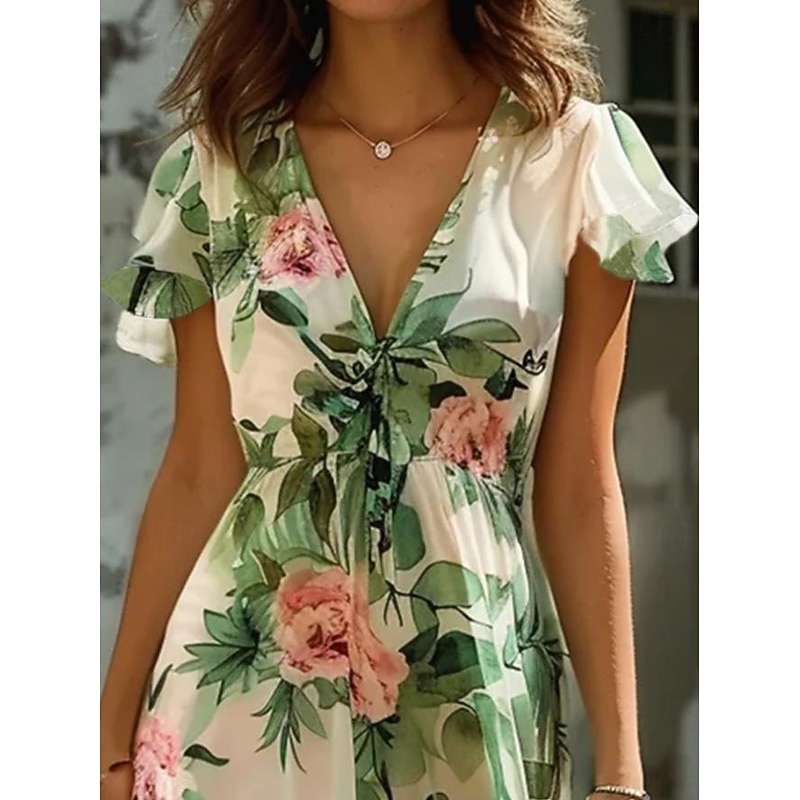 Women's Midi Dress Floral V-Neck A-Line Flutter Sleeve Rose Pattern Lightweight Summer Garden Party Wedding Guest Brunch Flowy Feminine White Pink Green4