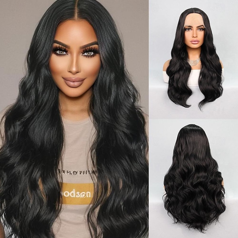 Synthetic Lace Wig Wavy Style 24 inch Natural Middle Part 13x4x1 T Part Lace Front Wig Women's Wig Black