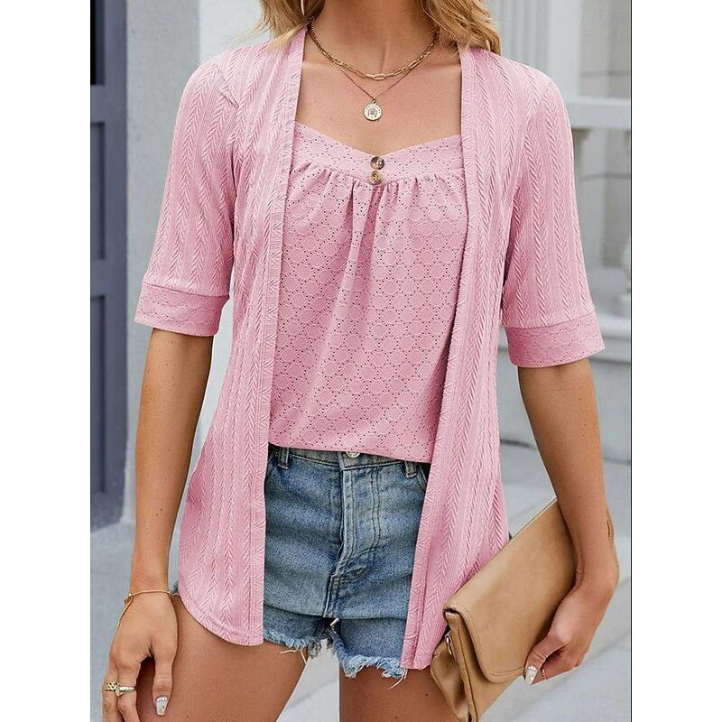 Women's Lace Shirt Dressy Tops Short Sleeve Crew Neck Going out Lace White Pink Fuchsia Green Summer