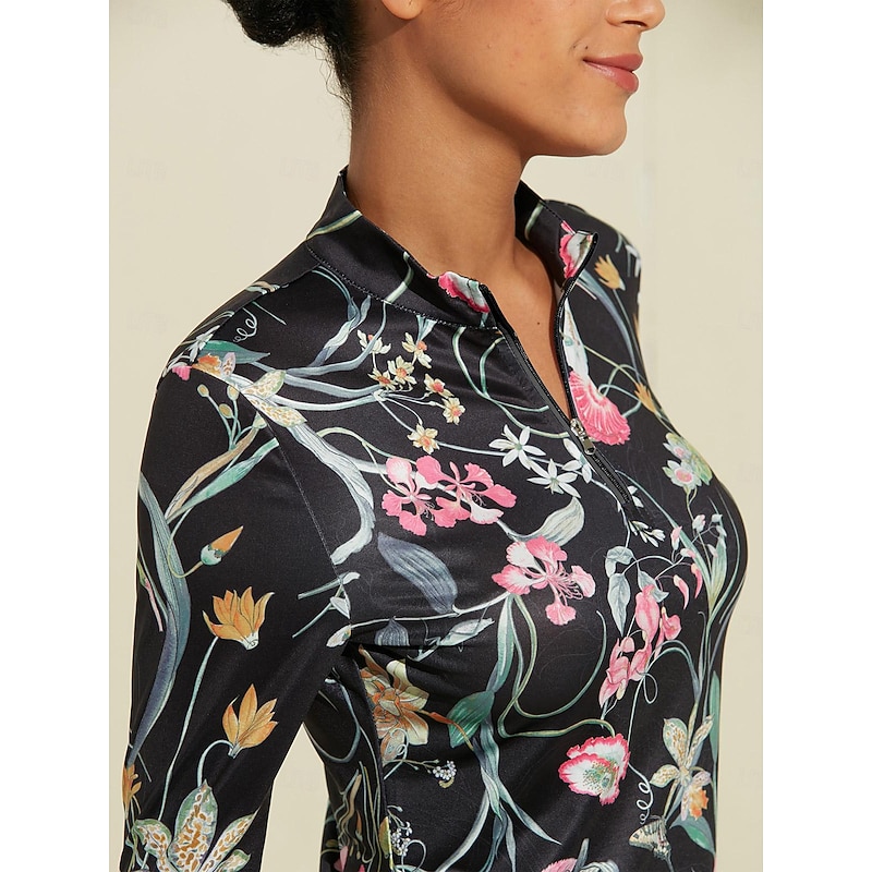 Women's Golf Polo Shirt Black Long Sleeve Sun Protection Top Floral Fall Winter Ladies Golf Attire Clothes Outfits Wear Apparel3