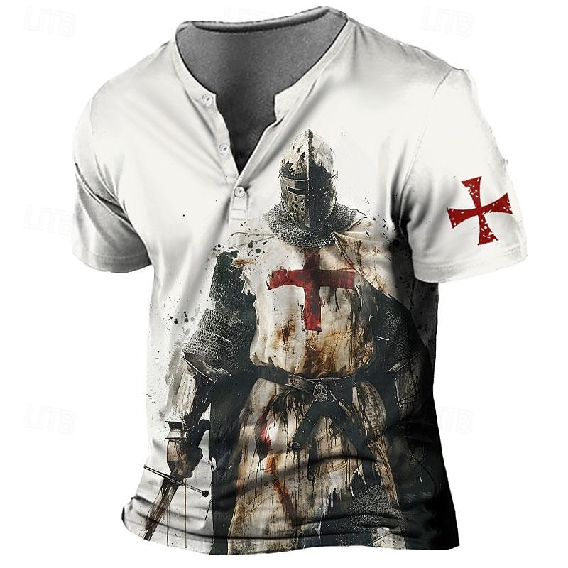 Knights Templar St George Men's Vintage 3D Print T shirt Tee Henley Shirt Casual Daily T shirt White  Short Sleeve Henley Shirt Summer Clothing Apparel S M L XL XXL 3XL4