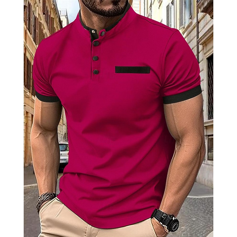 Men's Golf Shirt Golf Polo Work Casual Stand Collar Short Sleeve Basic Modern Color Block Patchwork Button Spring & Summer Regular Fit Wine Black White Navy Blue Khaki Golf Shirt4