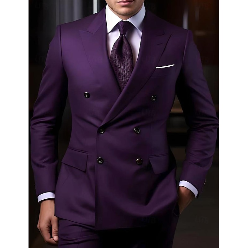 Men's Wedding Suits Peak Black White Business Formal Solid Colored Tailored Fit 2 Piece Double Breasted Six-buttons