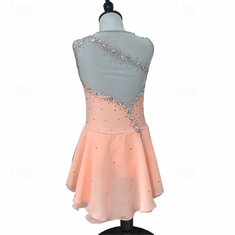 Figure Skating Dress Women's Girls' Ice Skating Dress Pink Champagne Open Back Mesh Spandex Stretchy Training Practice Professional Skating Wear Thermal Warm Classic Crystal / Rhinestone Sleeveless4