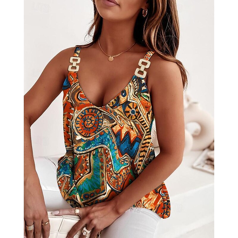 Women's Camisole Tank Top Casual Print Sleeveless Regular Tops V Neck Vacation Daily Navy Blue Blue Orange Khaki Summer2