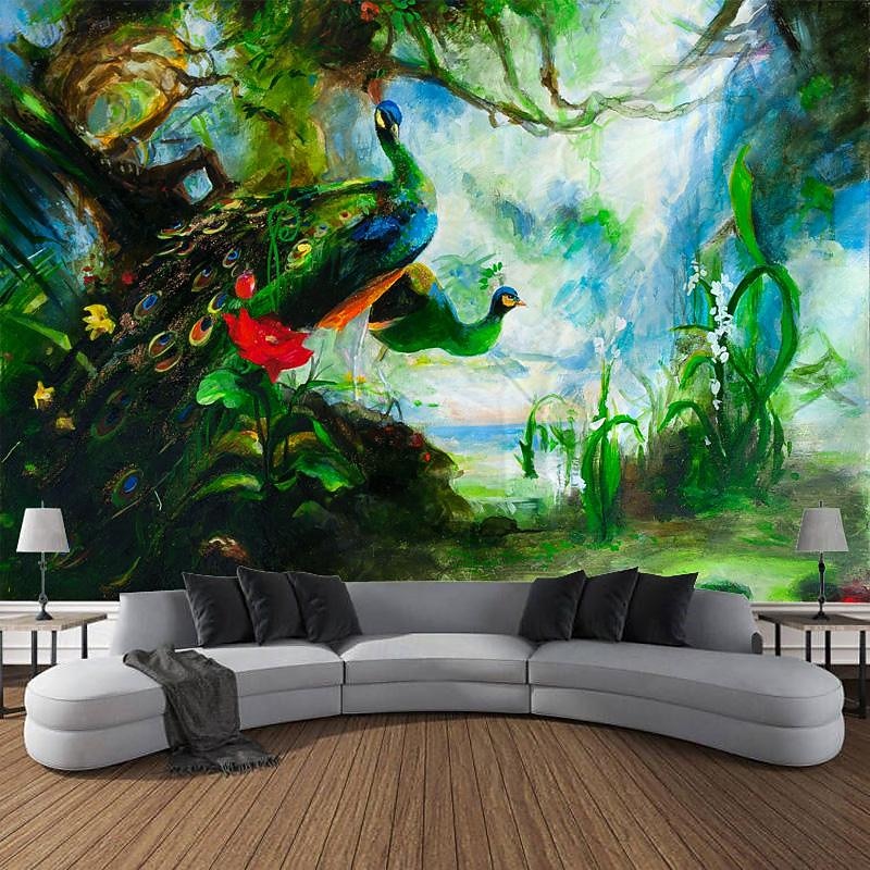Animal Peacock Leaf Hanging Tapestry Wall Art Large Tapestry Mural Decor Photograph Backdrop Blanket Curtain Home Bedroom Living Room Decoration2