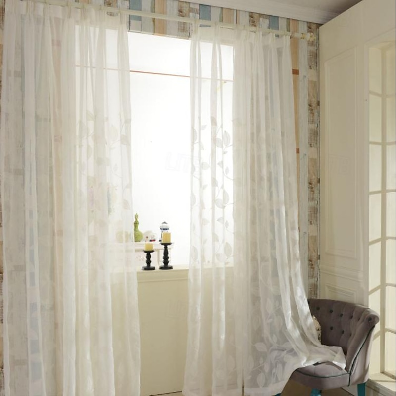 White Sheer Curtains Long Embroidered Semi Transparent Window Screen Leaves Sheer Curtains for Living Room Bedroom3