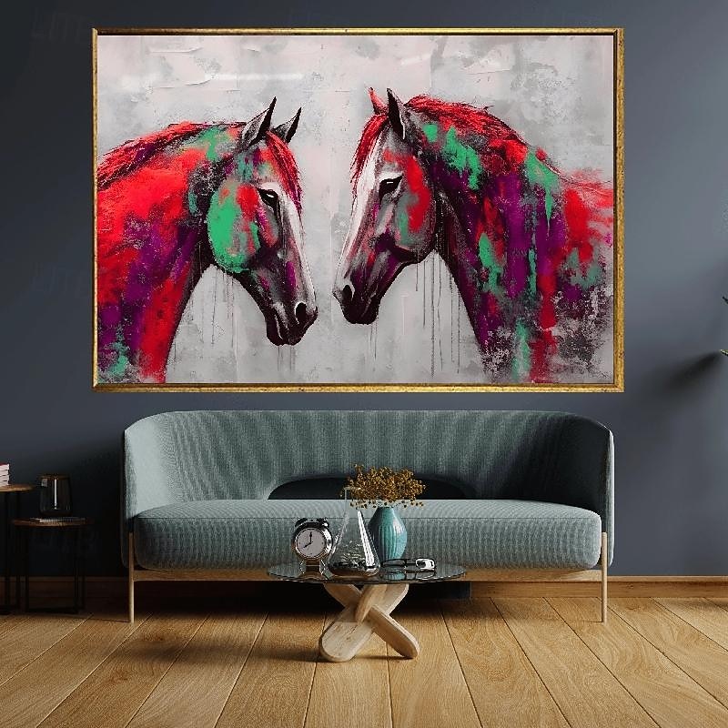 Hand painted Two Horses Art Colorful Unique Horse oil painting Wall Decor Animal Wall Painting Colorful Animal oil painting Art Home Decor Wall Art Gift Office Wall Decor