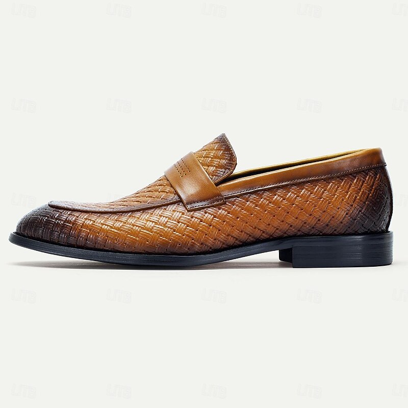 Elegant Men's Woven Leather Loafers with Contrast Strap - Sleek Dress Shoes for Formal Occasions3