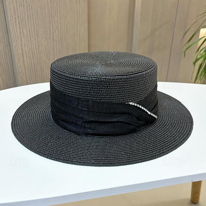 Fascinators Hats Headwear Acrylic / Cotton Straw Straw Hat Sun Hat Holiday Beach Elegant Simple With Bows Crystals Headpiece Headwear4