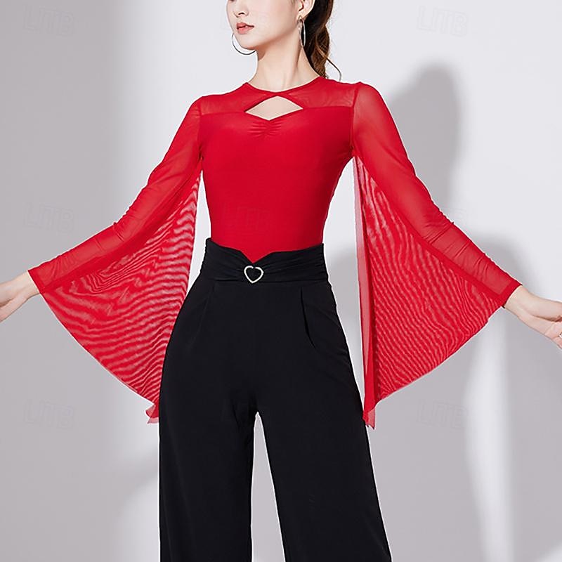 Latin Dance Ballroom Dance Leotard / Onesie Hollow-out Pure Color Splicing Women's Performance Training Long Sleeve High Polyester4