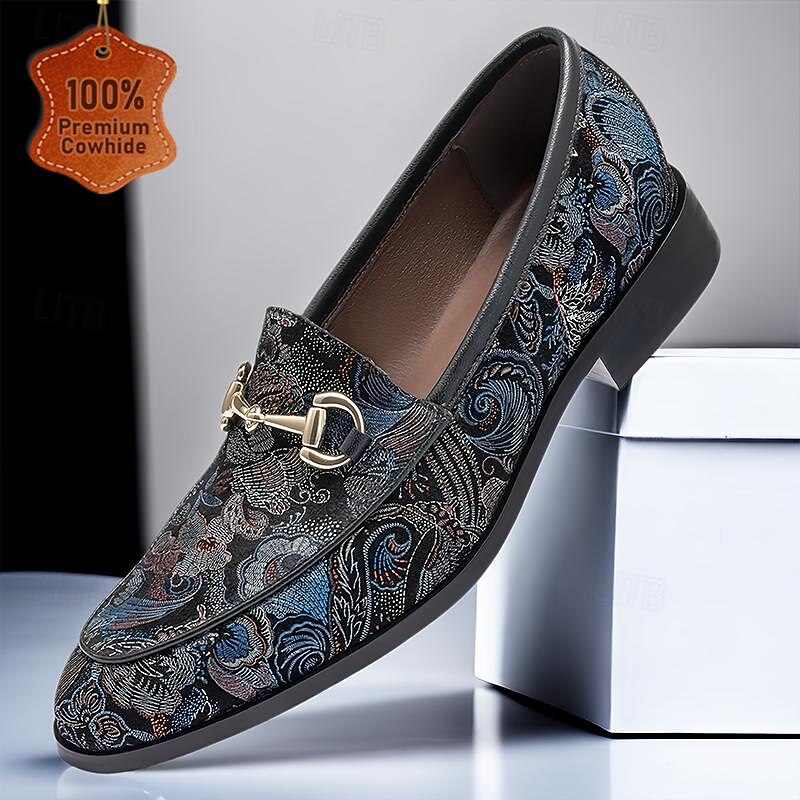 Men's Black Leather Loafers Floral Embroidered Chain