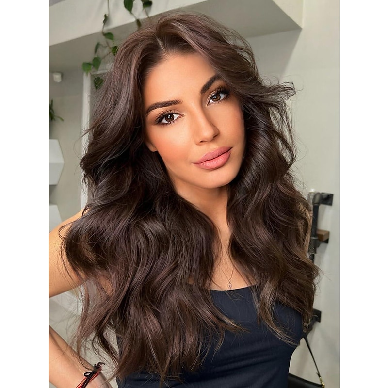 Wigs with Curtain Bangs for Women Long Wavy Women's Charming Synthetic Wigs with Bangs Natural Wavy Chocolate Brown Wigs Medium Length Wig Heat Resistant Hair for Daily Party Use