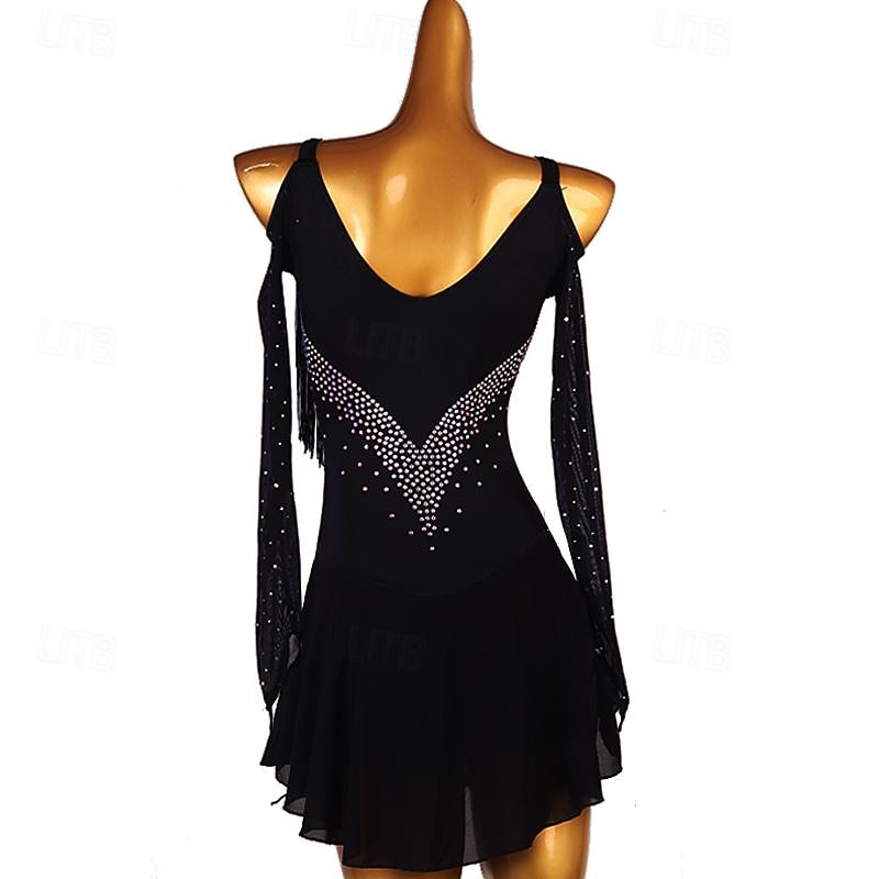 Figure Skating Dress Women's Girls' Ice Skating Dress Black Patchwork Tassel Mesh Spandex High Elasticity Training Practice Professional Skating Wear Classic Crystal / Rhinestone Long Sleeve Ice2