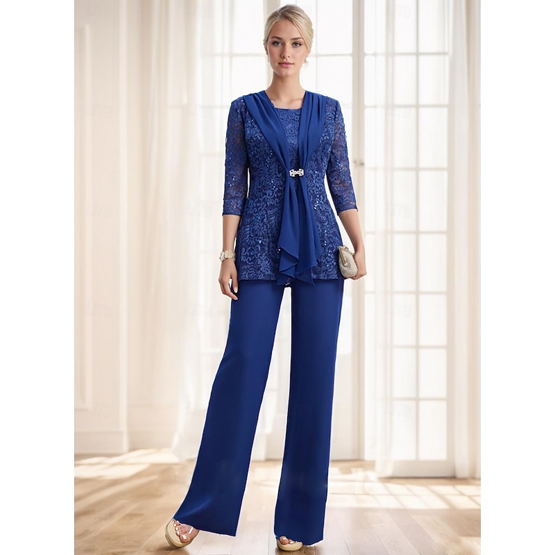 Sheath Pantsuit 3 Piece Mother of the Bride  Elegant Vintage Party Cowl Neck Bateau Neck Jewel Neck Floor Length Chiffon Lace Sleeveless 3/4 Length Sleeve Half Sleeve with