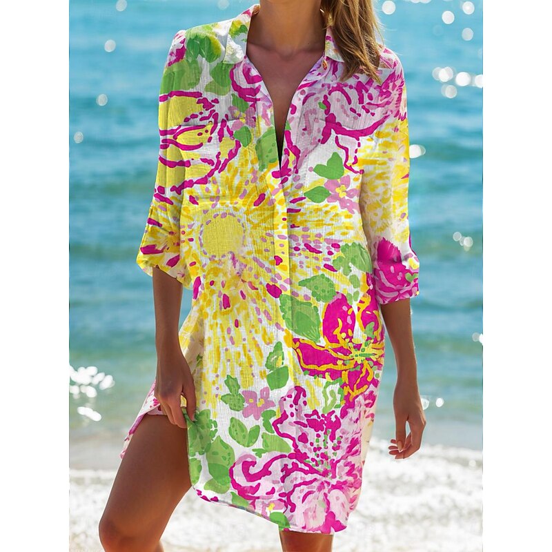 Women's Beach Cover-Up Long Sleeve V-Neck Marine Print Button-Up Roll Tab Sleeve White Blue One Size Resort Wear Summer Sea Life Pattern Clothing Apparel2