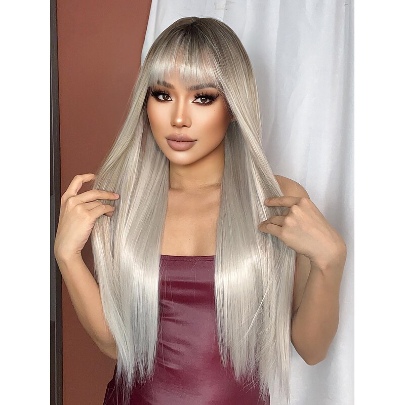 Synthetic Wig Uniforms Career Costumes Princess Straight kinky Straight Middle Part Layered Haircut Machine Made Wig 28 inch Light Blonde Synthetic Hair 28 inch Women's Cosplay Party Fashion Blonde4
