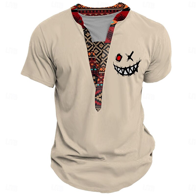Smile Face Men's Ethnic Style 3D Print T shirt Tee Henley Shirt Casual Daily T shirt Black Khaki Short Sleeve Henley Shirt Summer Clothing Apparel S M L XL XXL 3XL4