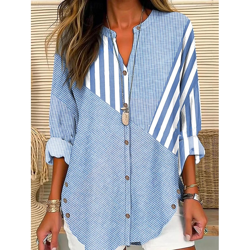 Women's Shirt Blouse Casual Striped Buttons Print Long Sleeve Regular Tops V Neck Vacation Daily Blue Spring & Summer2