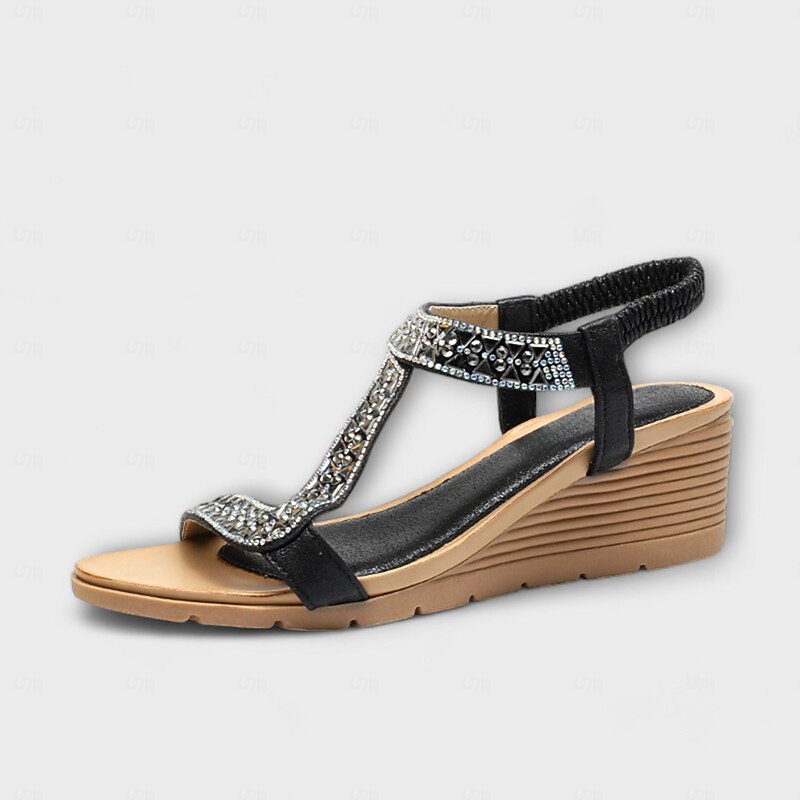 Women's Bohemian Rhinestone Wedge Sandals – Glamorous Beaded Elastic Strap Sandals for Summer Beach & Casual Wear2