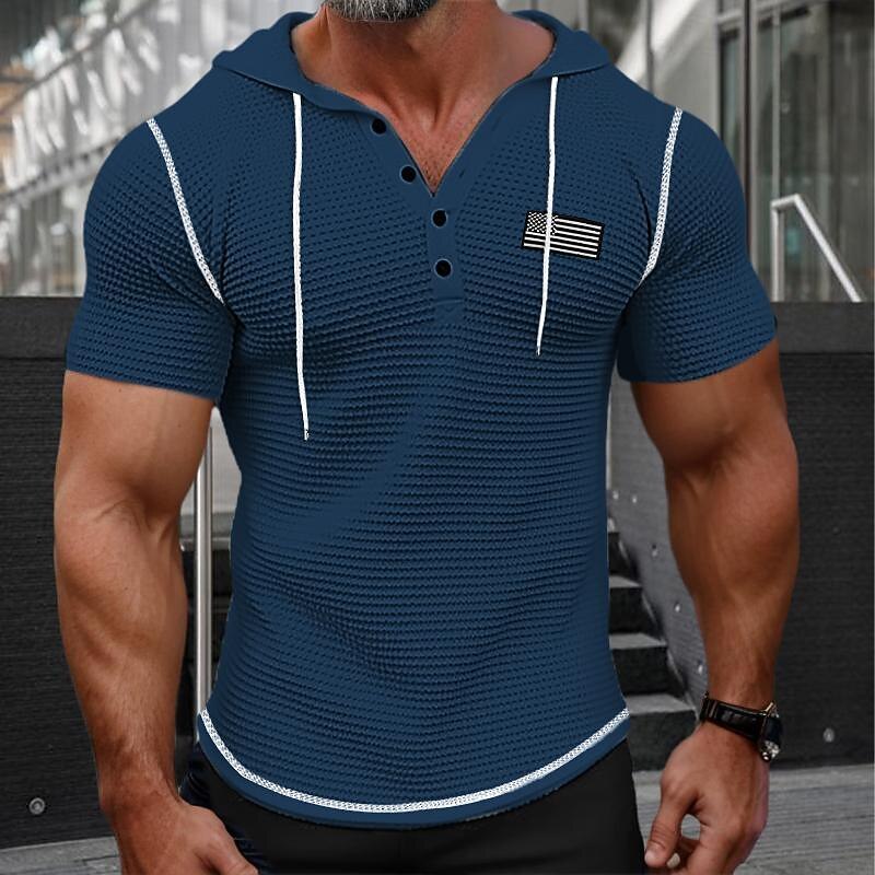 Men's Waffle Henley Shirt Henley Shirt Short Sleeve Shirt Tee Top Solid Color Hooded Outdoor Street Short Sleeve Button American flag Clothing Apparel Daily Hawaiian 5