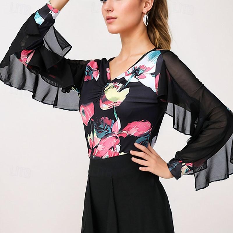 Latin Dance Ballroom Dance Top Printing Splicing Tulle Women's Performance Training Long Sleeve High Polyester