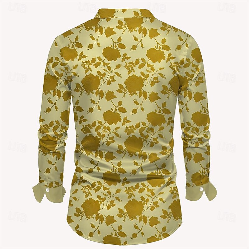 Men's Satin Shirt Dress Shirt Button Up Shirt Floral Formal Vacation Yellow Blue Long Sleeve Turndown Summer Spring Clothing Apparel Buttons3