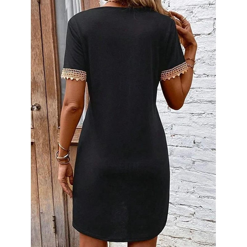 Women's Casual Dress V-neck Short Sleeve Crochet Lace Trim Solid Black Knee-length Versatile Summer Fashion Comfortable Fit Various Sizes2