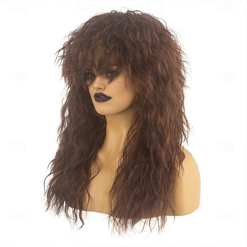 80s Rock Mullet Wigs for Men and Women Long Brown Curly Wig 70s 80s Costumes for Men Women Halloween Cosplay Party Wigs