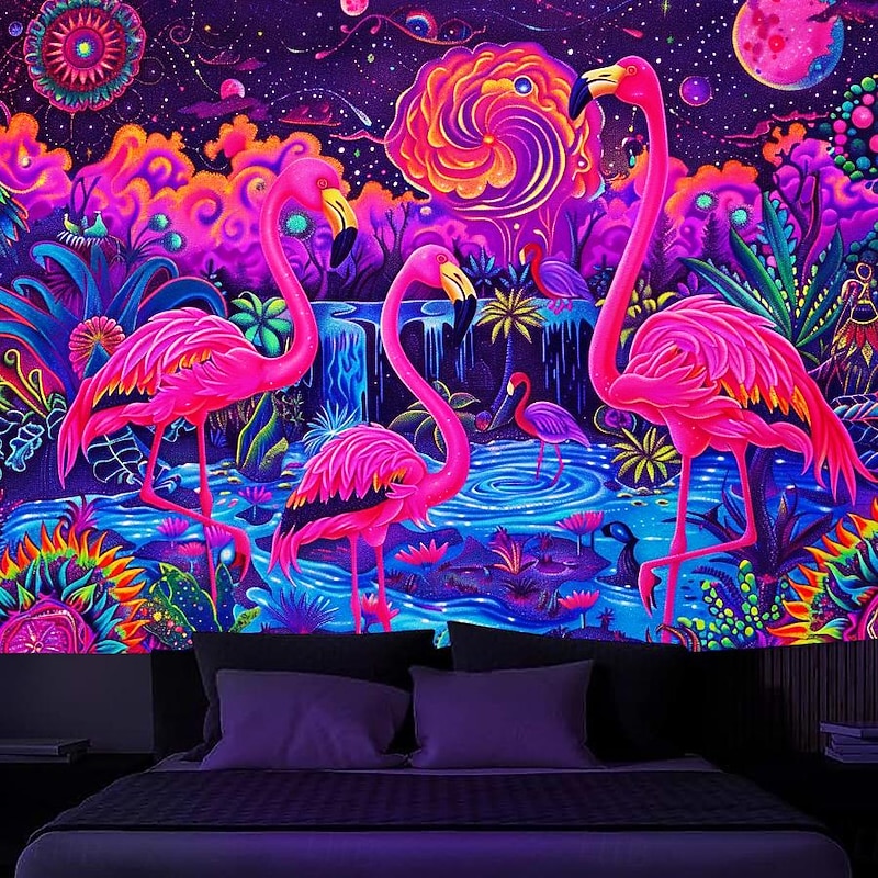 Blacklight Tapestry UV Reactive Glow in the Dark Glow Party Neon Flamingo Animal Psychedelic Trippy Misty Hanging Tapestry Wall Art Mural for Living Room Bedroom2