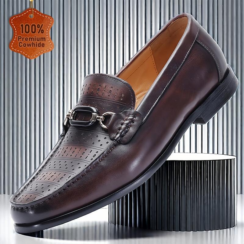Men's Loafers Perforated Brown Leather Gunmetal Horsebit