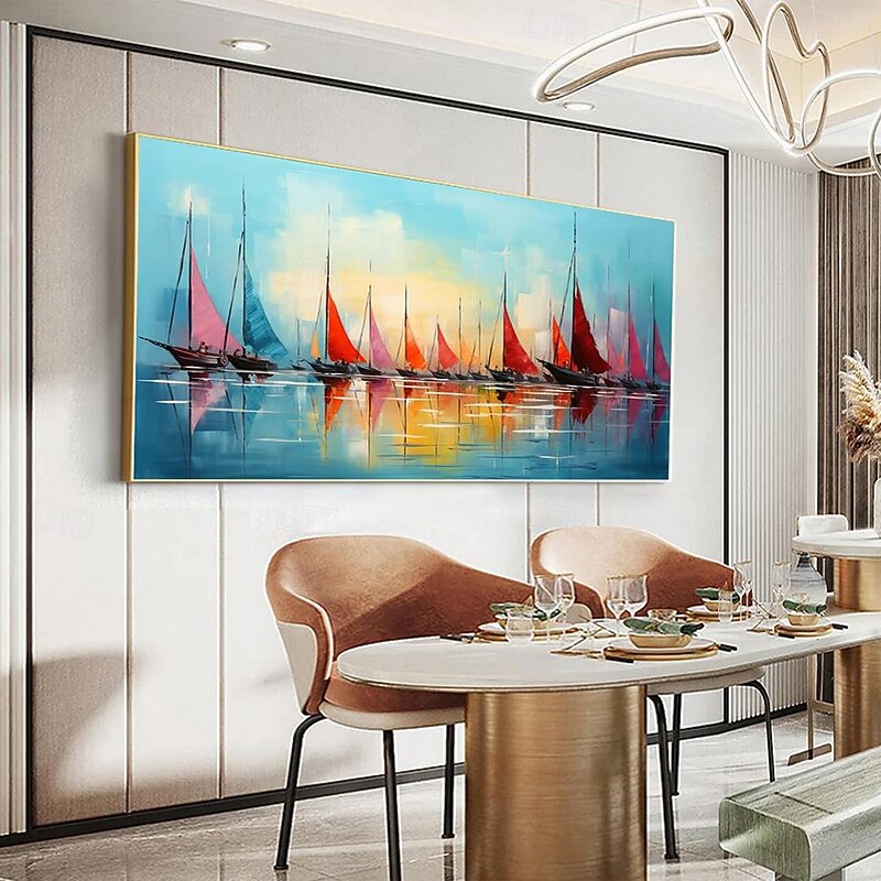 Mintura Handmade Boat Oil Paintings On Canvas Large Wall Art Decoration Modern Abstract Sailboat Landscape Picture For Home Decor Rolled Frameless Unstretched Painting4