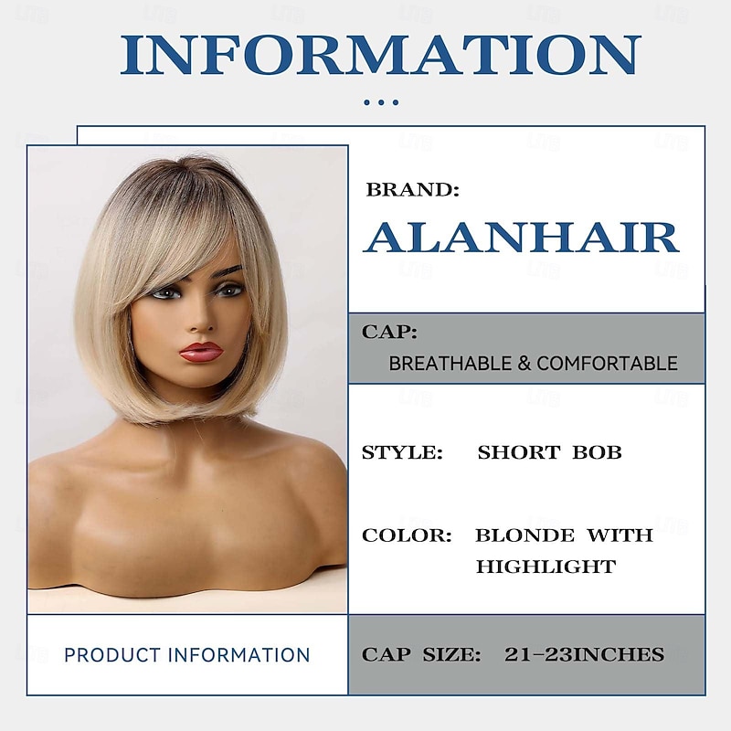 Bob Wigs for Women Short Bob Yaki Wigs with Bangs Short Bob Wigs Blonde Bob Wigs Realistic Look Synthetic wigs Blonde Brown Black Aubrun Dark Brown2