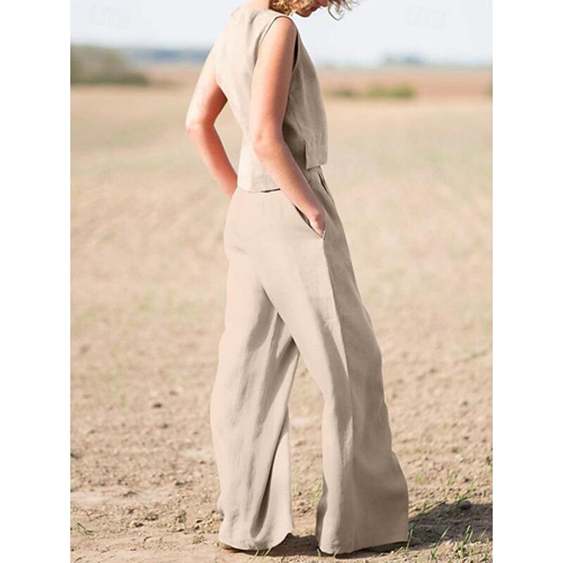 Tank Cotton Linen Shirts Set Women's Army Green Navy Blue Khaki Plain 2 Piece Wide Leg Street Daily Fashion Round Neck Regular Fit M4