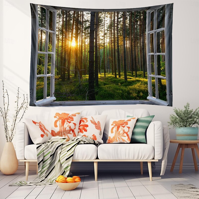 Window Forest View Hanging Tapestry Wall Art Large Tapestry Mural Decor Photograph Backdrop Blanket Curtain Home Bedroom Living Room Decoration2