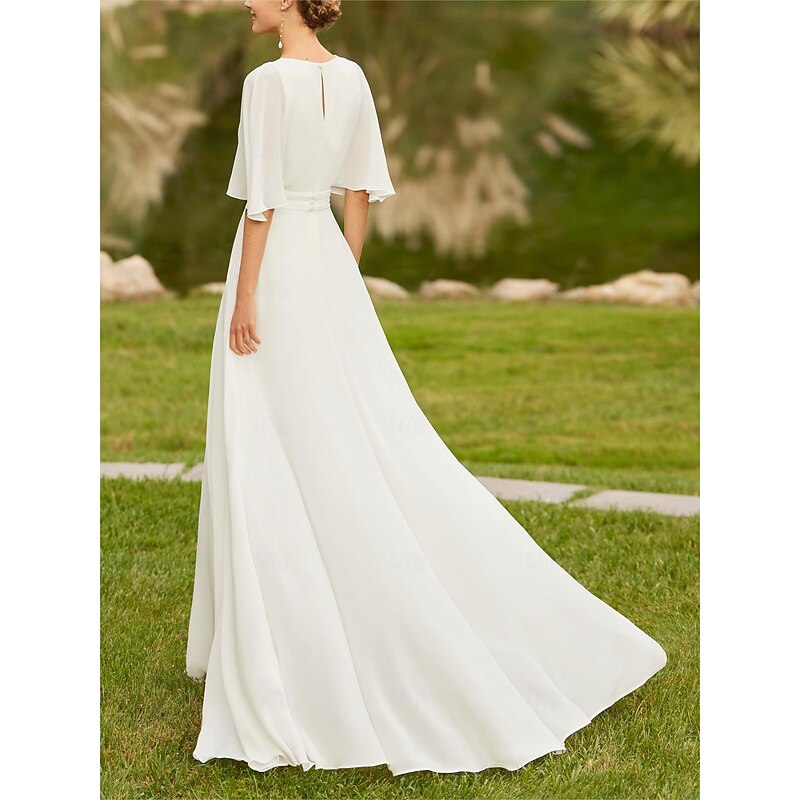 Hall Vintage Open Back Royal Style Wedding Dresses Two Piece Off Shoulder V Neck Half Sleeve Court Train Chiffon Bridal Gowns With Pleats Ruched2