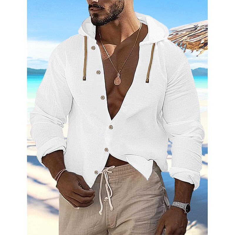 Men's Shirt Linen Shirt Summer Shirt Beach Wear Button Up Shirt Plain Vacation Curise Black White Blue Khaki Long Sleeve Hooded Spring & Summer Clothing Apparel