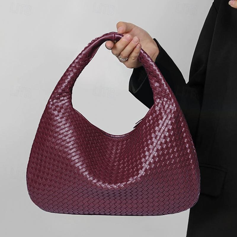 Women's Handbag Shoulder Bag Vegan leather Large Capacity Woven Dark Grey Wine Dark Brown2
