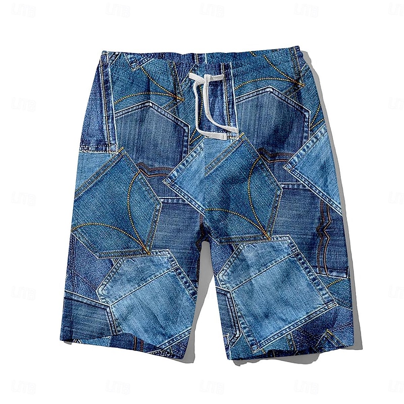 Men's Denim Color block stitching Swim Trunks Swim Shorts Board Shorts Mid Waist Hawaiian Casual Holiday Beach Drawstring with Mesh lining Elastic Waist Designer Clothing Apparel2