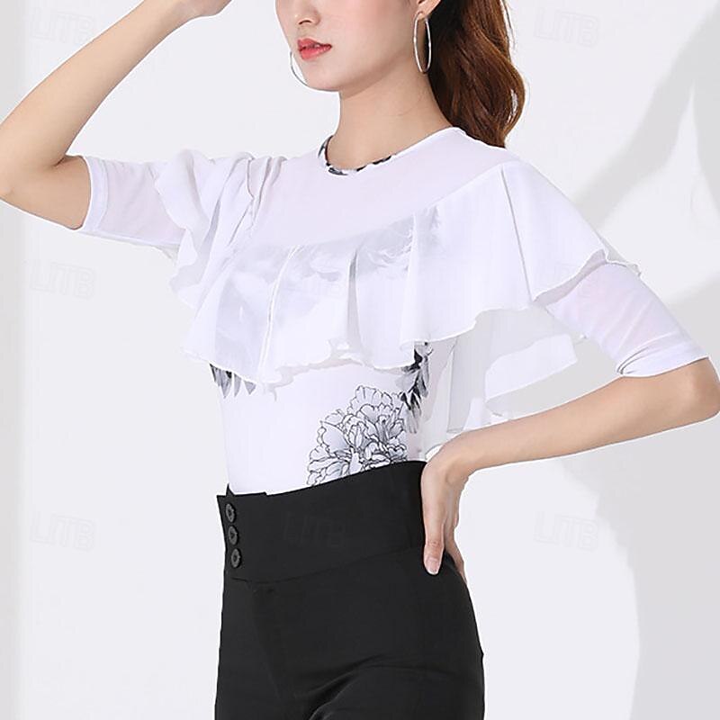 Latin Dance Ballroom Dance Leotard / Onesie Printing Ruffles Splicing Women's Performance Training Half Sleeve High Polyester4