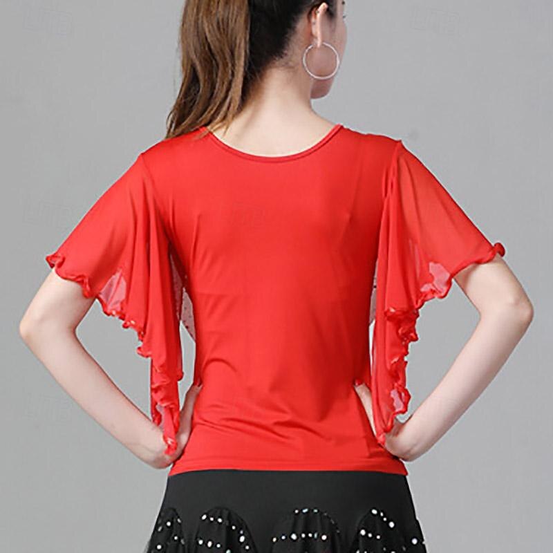 Latin Dance Ballroom Dance Top Ruffles Pure Color Splicing Women's Performance Training Short Sleeve High Polyester3