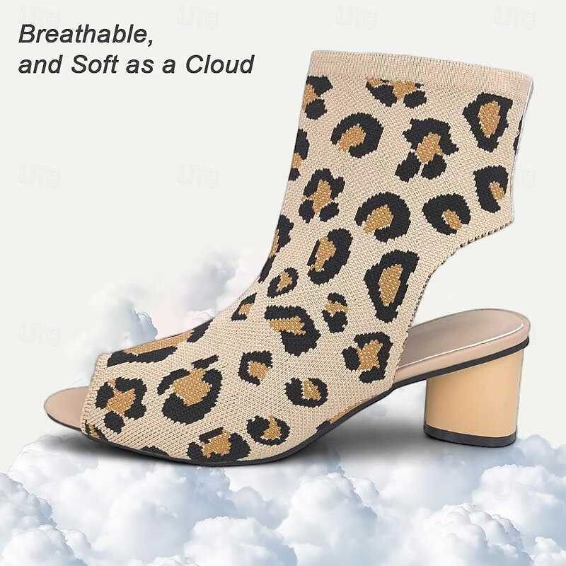 Women's Leopard Print Peep Toe Sock Sandals with Chunky Heel and Cutout Back, Trendy Knit Stretch Heels for Summer Streetwear, Parties, and Casual Chic Looks2