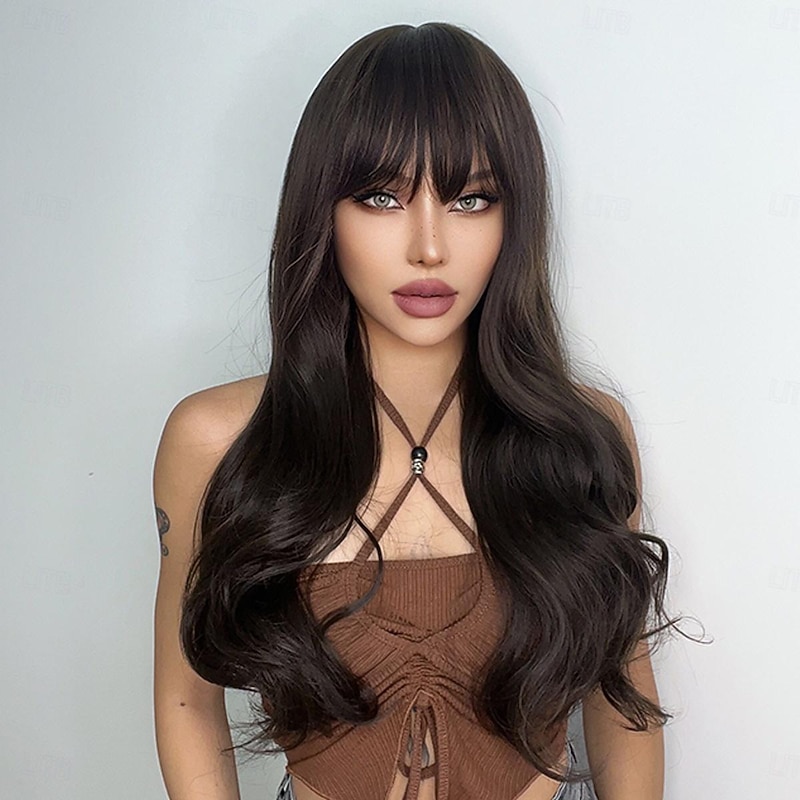 Synthetic Wig Uniforms Career Costumes Princess Wavy Bouncy Curl Middle Part Layered Haircut With Bangs Machine Made Wig 26 inch Dark Brown Synthetic Hair Women's Cosplay Party Fashion Natural Black2