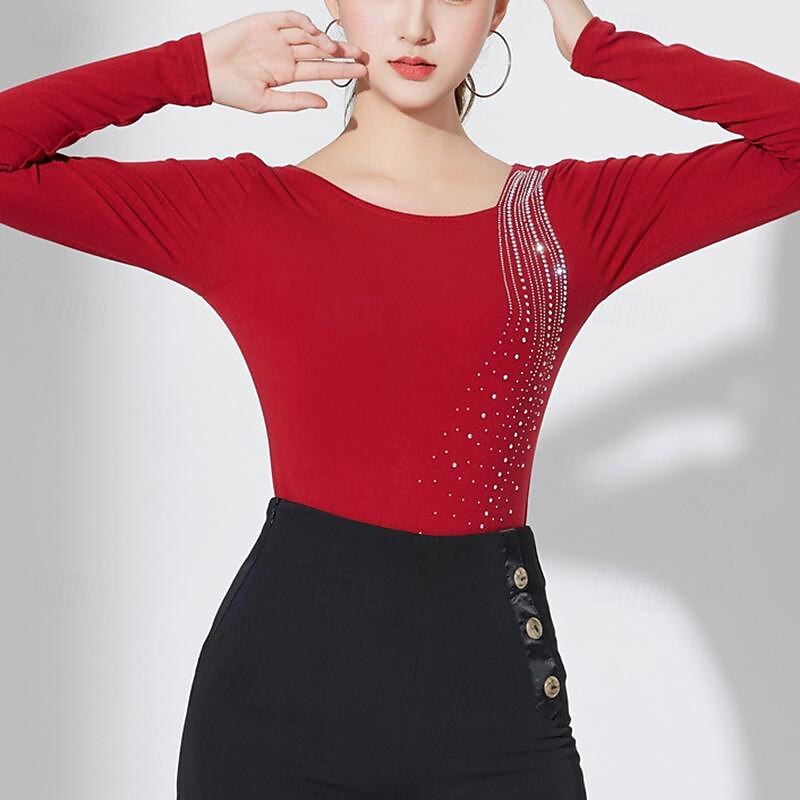 Latin Dance Ballroom Dance Top Pure Color Splicing Crystals / Rhinestones Women's Performance Training Long Sleeve High Cotton Blend2