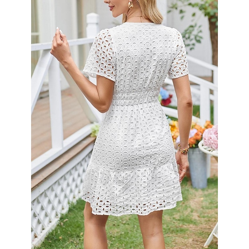 Women's White Dress Mini Dress Lace Eyelet Vacation Casual Split Neck Short Sleeve Black White Yellow Color2