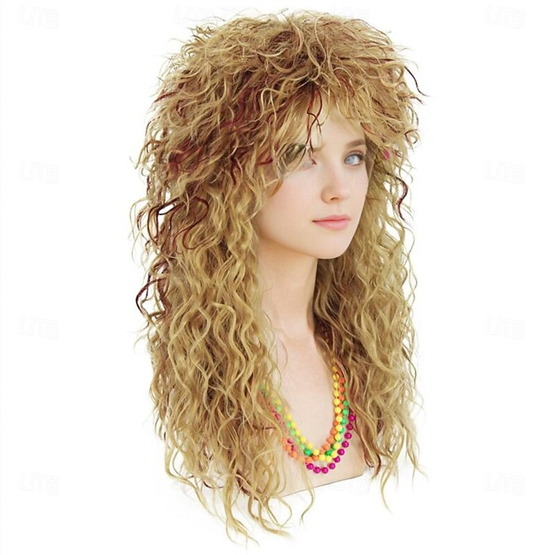 Womens 70s 80s Wig Curly Wigs for 70s 80s Costume Women Long Blonde Mixed Brown Curly Wavy Wig Mullet Rocker Wig Without Accessories  (Only Wigs) CJ031M Halloween Wigs4