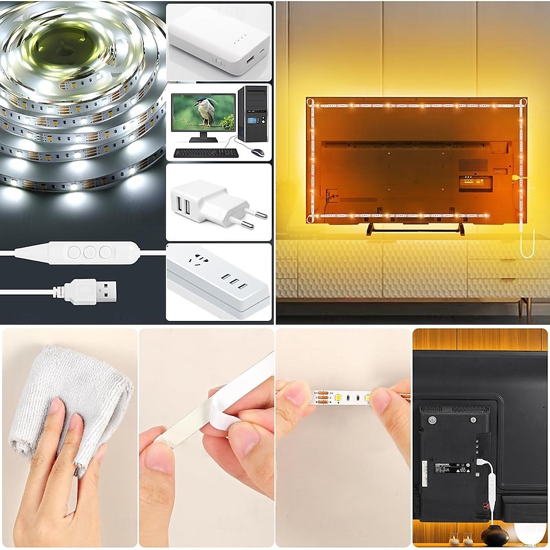 USB LED Strip Light 3 Colors for TV 1-5M USB 5V Flexible Light Strip with Self-adhesive Dimmable Dual Color LED light Strip 2800K-6500K Warm White to Daylight Suitable for Stairs Wardrobes Kitchens Mirrors3